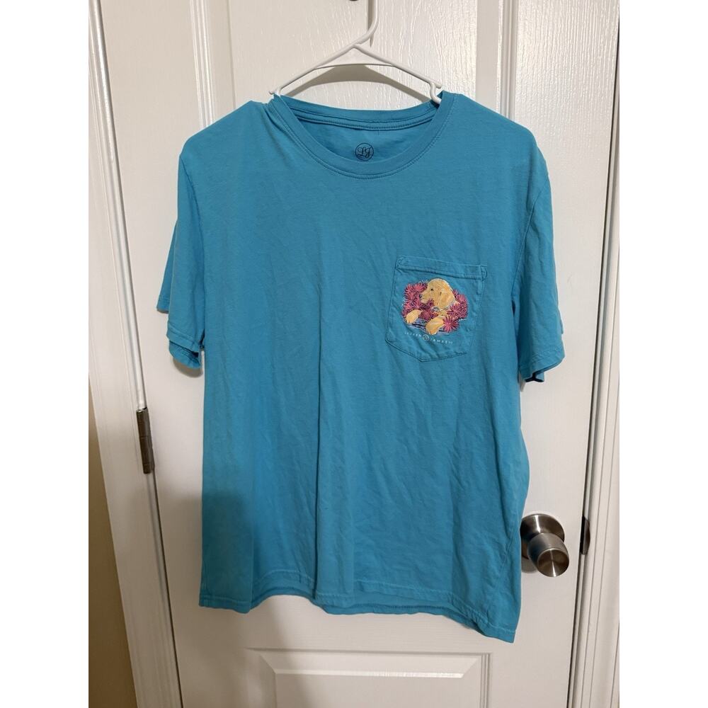 Lauren James Shirt Womens Sz L Short Sleeve Dog Flowers And Fur Knit Blue